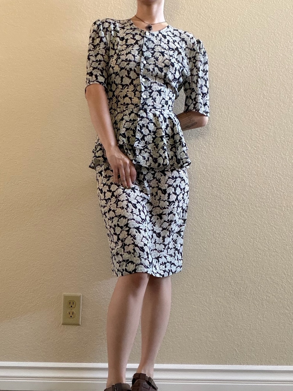 Vintage 80s 90s flowy floral peplum semi sheer button down midi dress